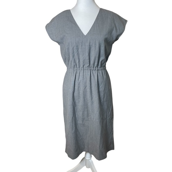 J Crew Cap Sleeve Gray Pinstripe Wool Dress Elastic Waist Size 4 Career Office - Picture 1 of 13